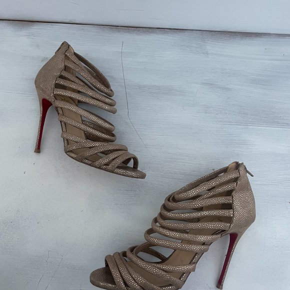 Christian Louboutin Gold/Brown Textured Suede Open-Toe Strappy Cage Sandals - Picture 4 of 12